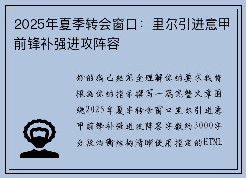 2025年夏季转会窗口：里尔引进意甲前锋补强进攻阵容